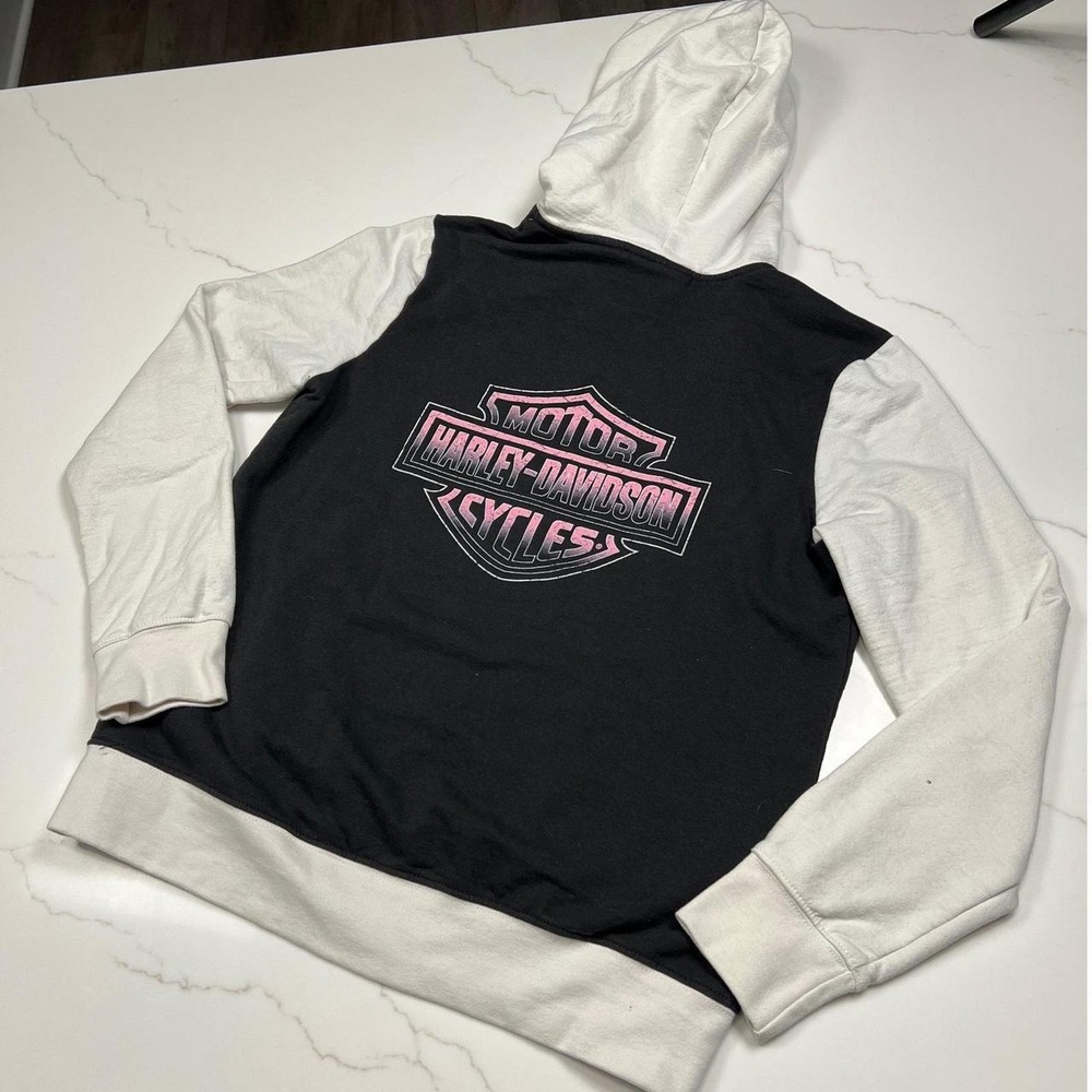 Harley-Davidson Hoodie Womens Large Black White Pink Logo Colorblock Pullover